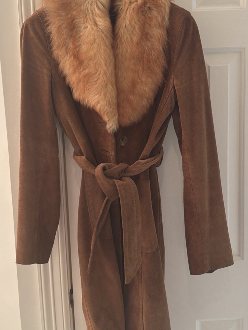 Banana Republic Italian Tan Suede Trench Coat with Shearling Fur Collar